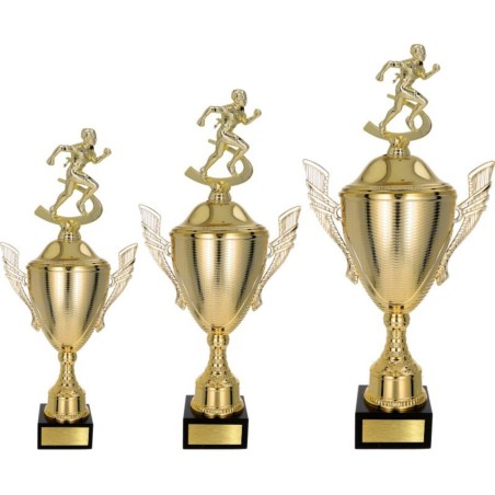 Złoty zestaw Pucharów z figurką biegi  - komplet trzech sztuk