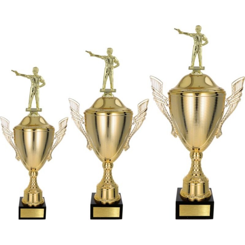 Komplet pucharów NT733 z figurką strzelec pistolet strzelectwo 50-44-39 cm