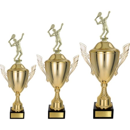 Złoty zestaw Pucharów z figurką tenis ziemny - komplet trzech sztuk