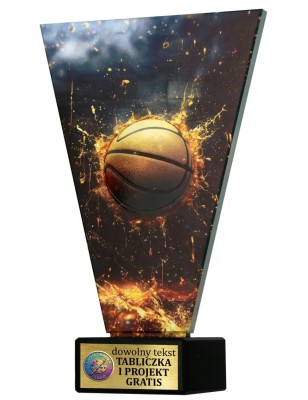 Szklana statuetka koszykówka czarno-złota – eleganckie trofeum sportowe z tabliczką w cenie