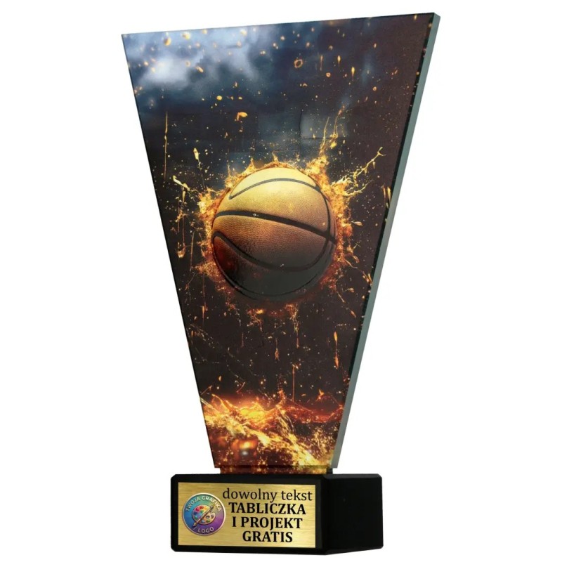Szklana statuetka koszykówka czarno-złota – eleganckie trofeum sportowe z tabliczką w cenie