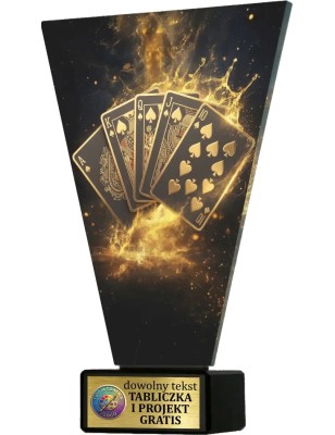 Szklana statuetka karty poker brydż czarno-złota – eleganckie trofeum z tabliczką w cenie