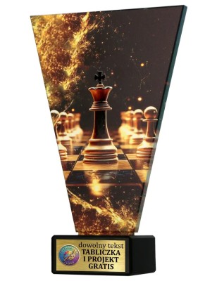 Szklana statuetka szachy czarno-złota – eleganckie trofeum sportowe z tabliczką w cenie