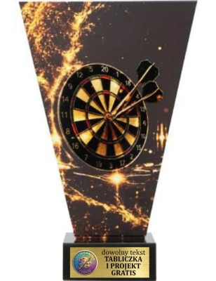 Szklana statuetka dart czarno-złota – eleganckie trofeum sportowe z tabliczką w cenie
