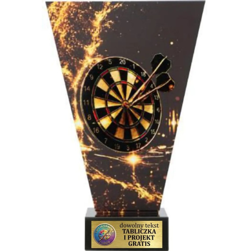 Szklana statuetka dart czarno-złota – eleganckie trofeum sportowe z tabliczką w cenie