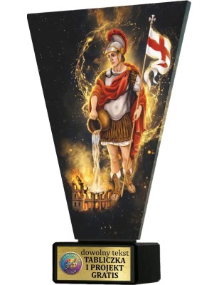Szklana statuetka straż pożarna czarno-złota – eleganckie trofeum św. Florian z tabliczką w cenie