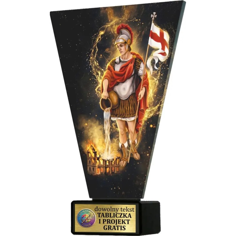 Szklana statuetka straż pożarna czarno-złota – eleganckie trofeum św. Florian z tabliczką w cenie