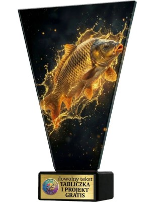 Szklana statuetka wędkarstwo czarno-złota – eleganckie trofeum sportowe z tabliczką w cenie