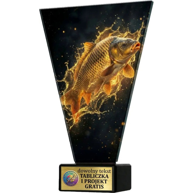 Szklana statuetka wędkarstwo czarno-złota – eleganckie trofeum sportowe z tabliczką w cenie