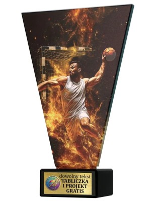 Szklana statuetka piłka ręczna czarno-złota – eleganckie trofeum sportowe z tabliczką w cenie