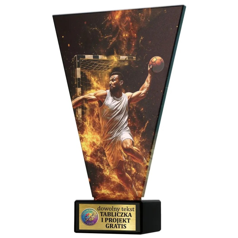 Szklana statuetka piłka ręczna czarno-złota – eleganckie trofeum sportowe z tabliczką w cenie