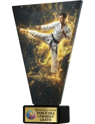 Szklana statuetka karate czarno-złota – eleganckie trofeum sportowe z tabliczką w cenie