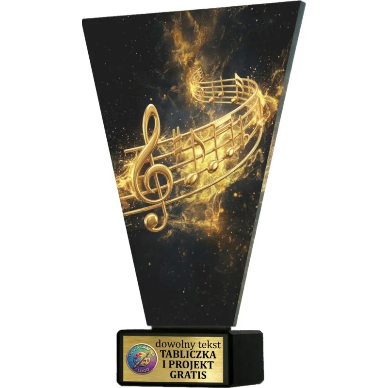 Szklana statuetka Muzyka czarno-złota – eleganckie trofeum sportowe z tabliczką w cenie