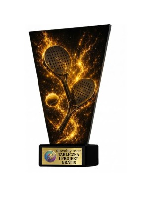Szklana statuetka padel czarno-złota – eleganckie trofeum sportowe z tabliczką w cenie