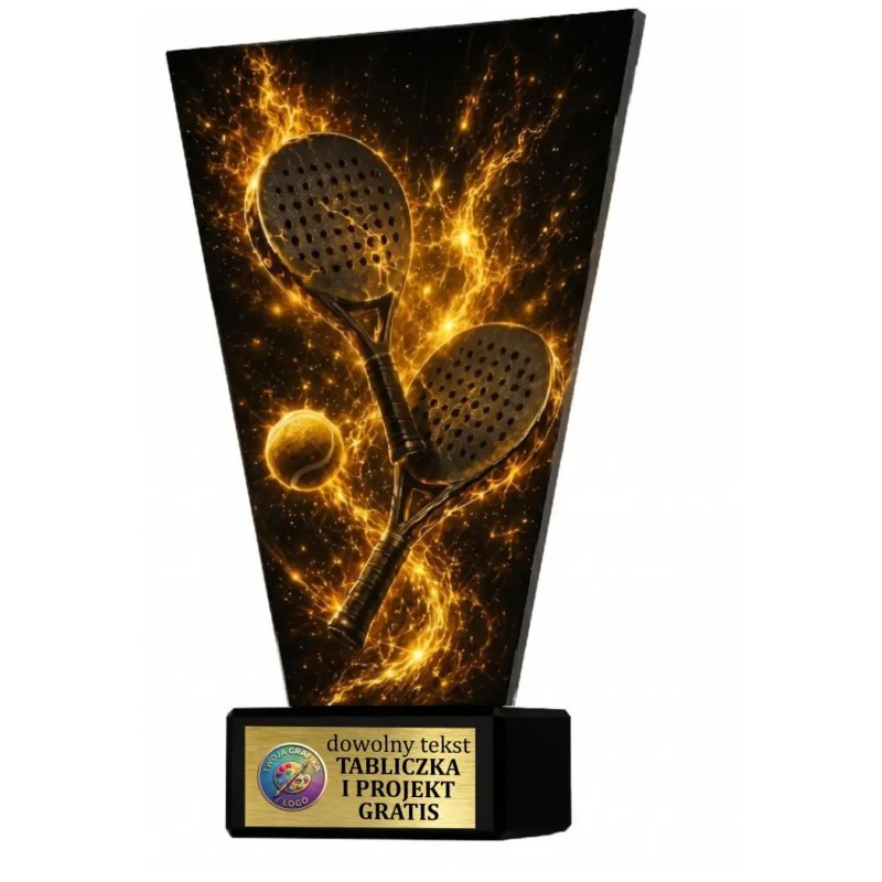 Szklana statuetka padel czarno-złota – eleganckie trofeum sportowe z tabliczką w cenie Szklana statuetka padel czarno-złota – eleganckie trofeum sportowe z tabliczką w cenie