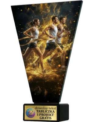 Szklana statuetka biegi czarno-złota – eleganckie trofeum sportowe z tabliczką w cenie