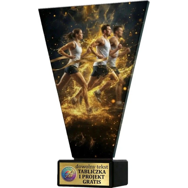 Szklana statuetka biegi czarno-złota – eleganckie trofeum sportowe z tabliczką w cenie Szklana statuetka biegi czarno-złota – eleganckie trofeum sportowe z tabliczką w cenie