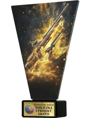 Szklana statuetka strzelectwo czarno-złota – eleganckie trofeum sportowe z tabliczką w cenie