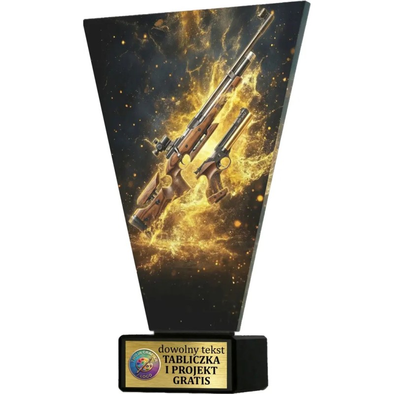 Szklana statuetka strzelectwo czarno-złota – eleganckie trofeum sportowe z tabliczką w cenie