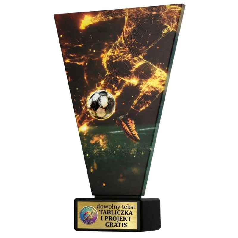 Szklana statuetka piłka nożna MVP czarno-złota – eleganckie trofeum sportowe z tabliczką w cenie