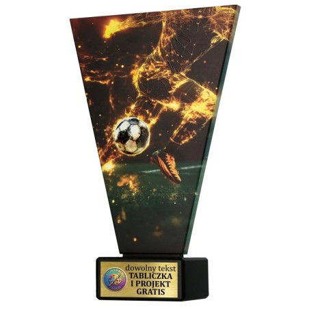 Szklana statuetka piłka nożna MVP czarno-złota – eleganckie trofeum sportowe z tabliczką w cenie