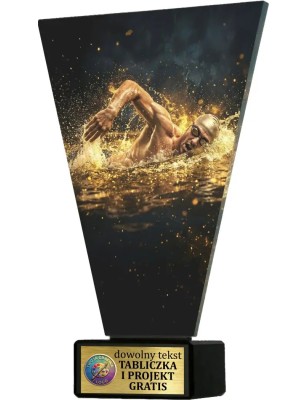 Szklana statuetka pływanie czarno-złota – eleganckie trofeum sportowe z tabliczką w cenie