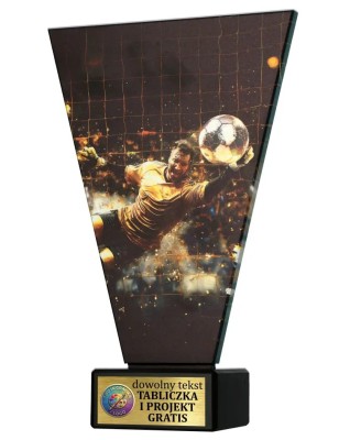 Szklana statuetka piłka nożna bramkarz czarno-złota – eleganckie trofeum z tabliczką w cenie