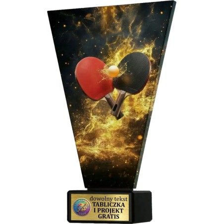 Szklana statuetka tenis stołowy czarno-złota – eleganckie trofeum sportowe z tabliczką w cenie