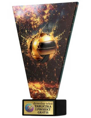 Szklana statuetka siatkówka czarno-złota – eleganckie trofeum sportowe z tabliczką w cenie