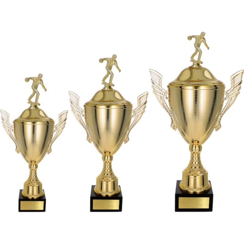 Komplet pucharów NT733 z figurką kręglarz kręgle 45-39-34 cm