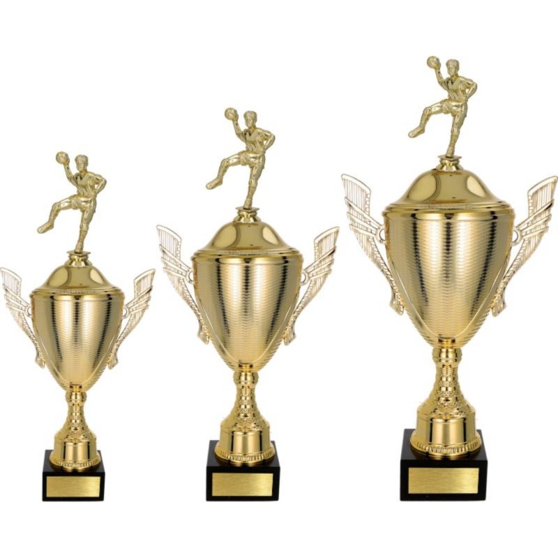 Komplet pucharów NT733 z figurką szczypiornista piłka ręczna 45-39-34 cm