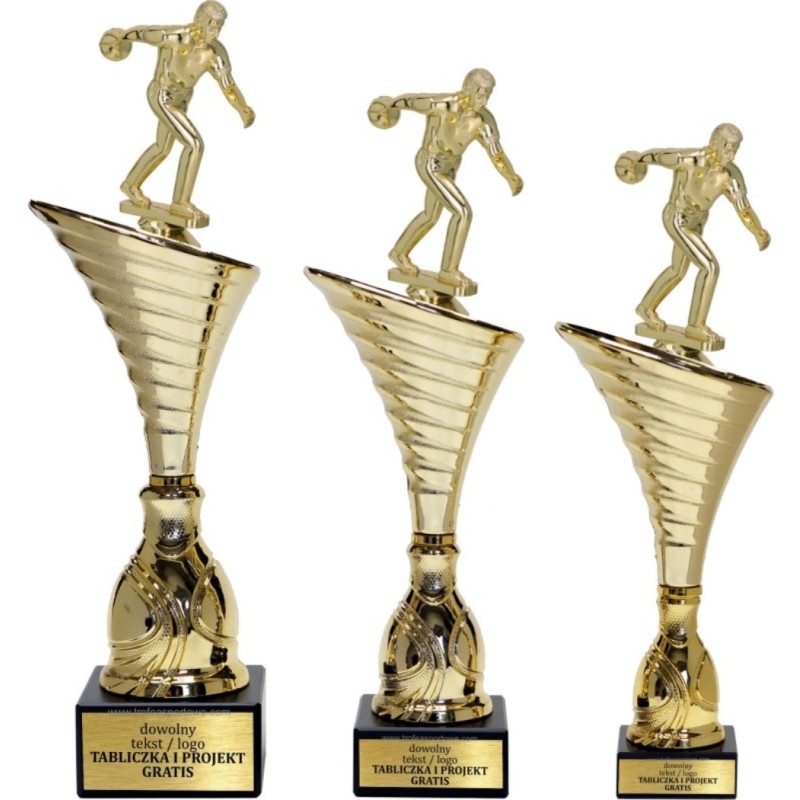 Komplet pucharów NT1000 z figurką kręglarz kręgle 31-28-27 cm