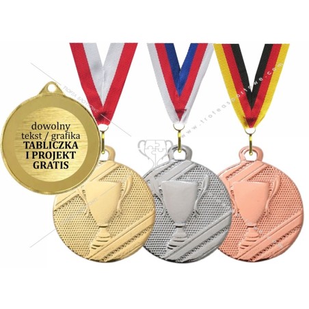 Medal uniwersalny 32mm z wytłoczonym pucharem z szarfą i wklejką