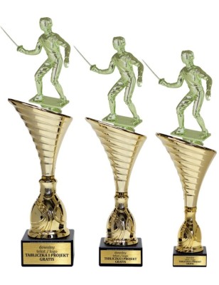 Złoty zestaw 3 pucharów z figurką szermierka - Seria NT1000 do ponad 100 dyscyplin