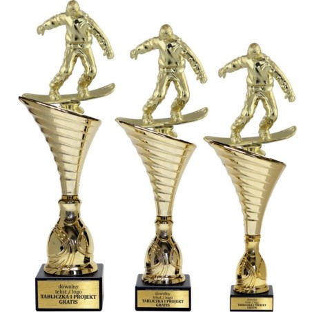 Złoty zestaw 3 pucharów z figurką snowboard - Seria NT1000 do ponad 100 dyscyplin