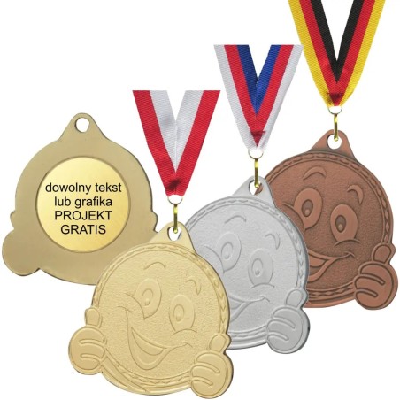 Medal uśmiechnięta buźka 5cm z szarfą i personalizacją