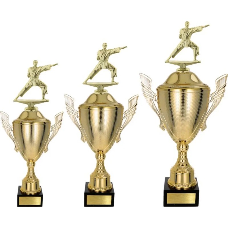 Zestaw pucharów NT733 z figurką karateka karate 53-47-42 cm Zestaw pucharów NT733 z figurką karateka karate 53-47-42 cm