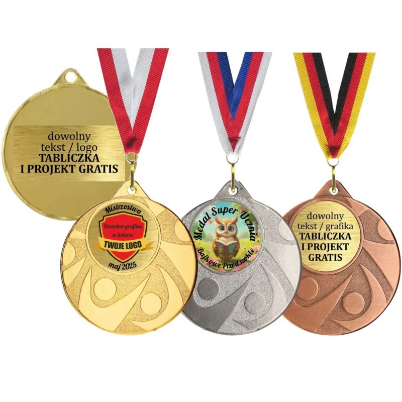 Medal 5cm z grawerem na turnieje integracje z dwiema wklejkami i szarfą