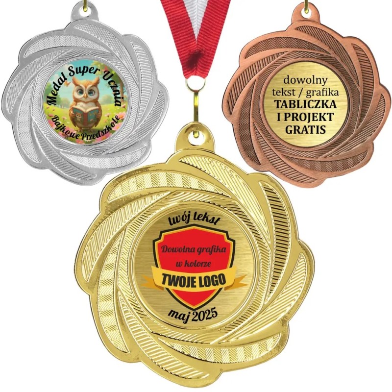 Medal 5cm w formie rozety z wklejkami i szarfą