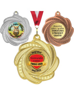 Medal 5cm w formie rozety z wklejkami i szarfą