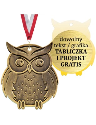 duży odlewany medal szkolny SOWA z wklejką i szarfą