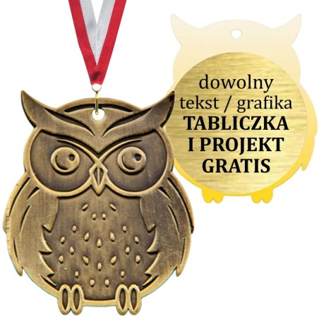 duży odlewany medal szkolny SOWA z wklejką i szarfą