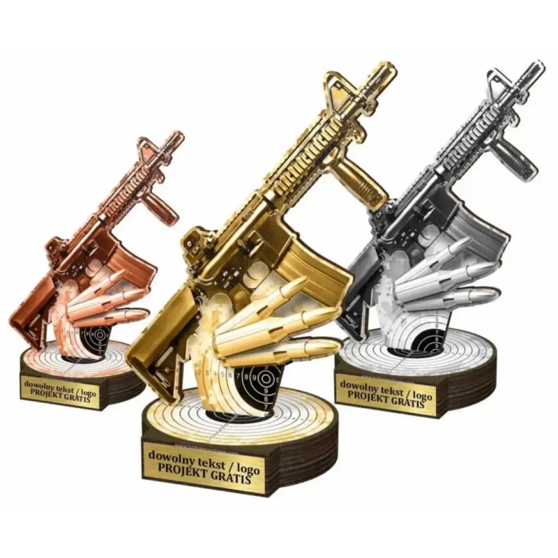 Zestaw statuetek złoto/srebro/brąz STRZELECTWO Karabin 30-25-22cm
