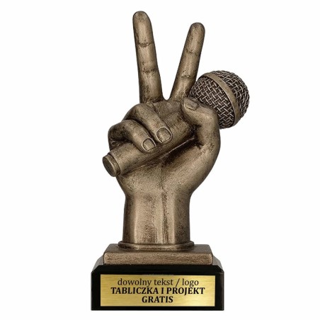 Odlewana Statuetka Muzyka Solidna 20 cm Zwycięska Dłoń z Mikrofonem