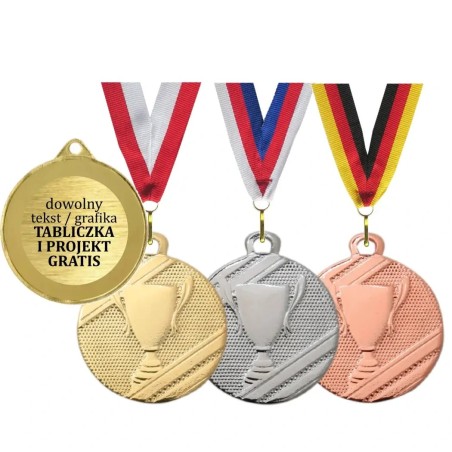 Medal uniwersalny 32mm z wytłoczonym pucharem z szarfą i wklejką
