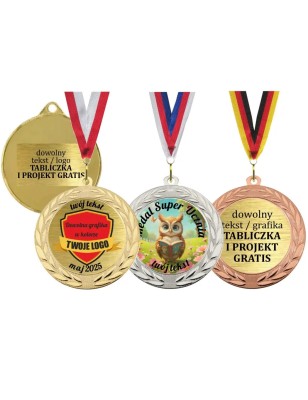 Duży medal 7cm z grawerem z dwiema wklejkami i szarfą