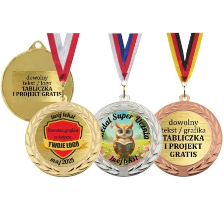 Duży medal 7cm z grawerem z dwiema wklejkami i szarfą