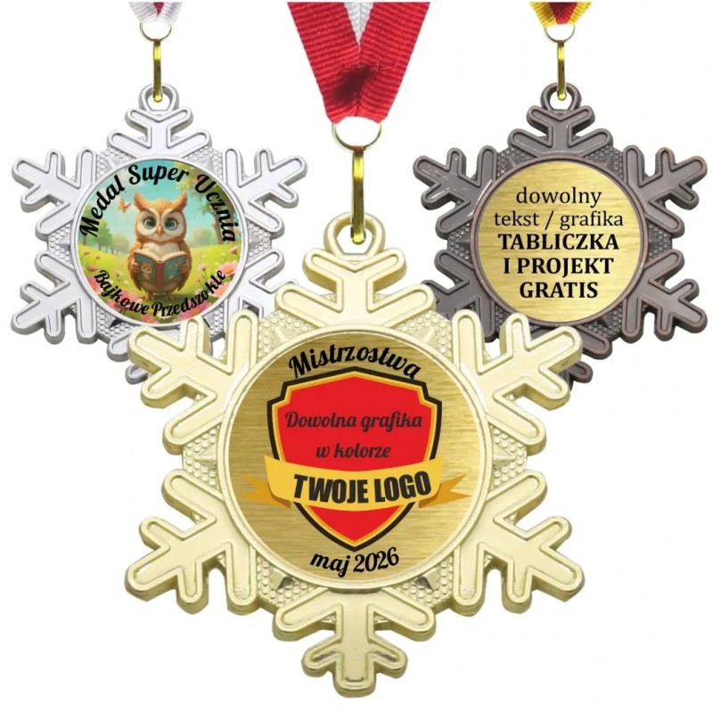 Medal zimowy D47 5cm z nadrukiem i szarfą śnieżynka płatek śniegu