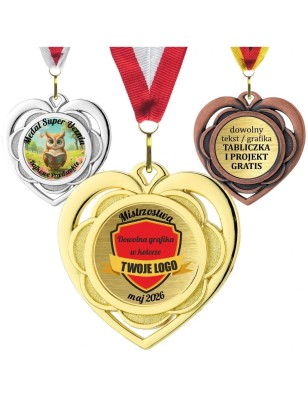 Medal serce D87 5cm stalowy z nadrukiem i szarfą pamiątkowy
