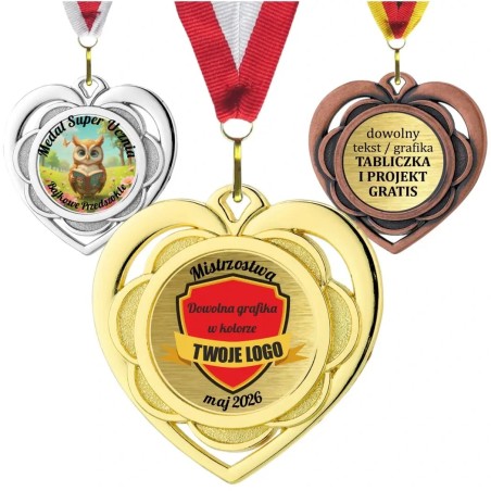 Medal serce D87 5cm stalowy z nadrukiem i szarfą pamiątkowy